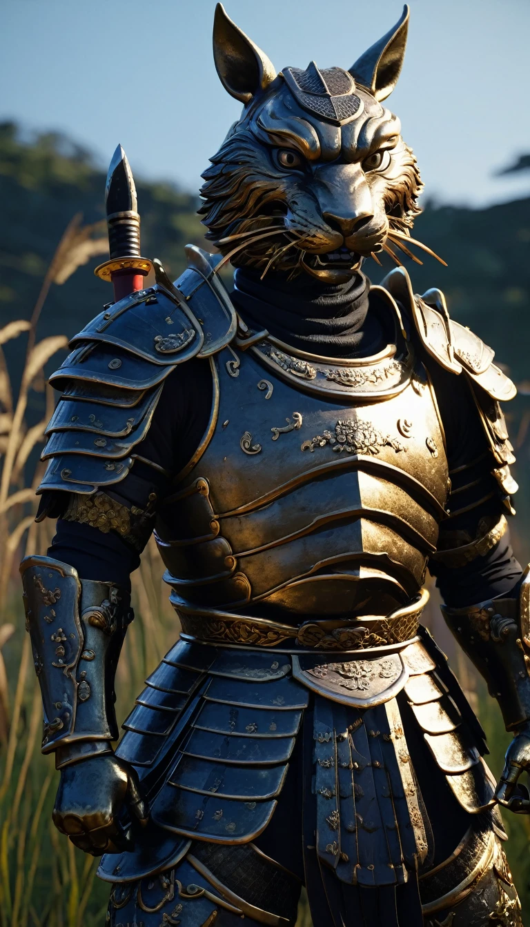 masterpiece, (Super detailed), (Animal anthropomorphism), statue, good looking, Japanese Armor,knife、 Dim lighting, cigarette, Shadow, Night grassland battlefield, Highest quality, Single Focus, (skimming: 1.1), Muscular man, whole body, Complex (High detail: 1.1) Unreal Engine.multiple、