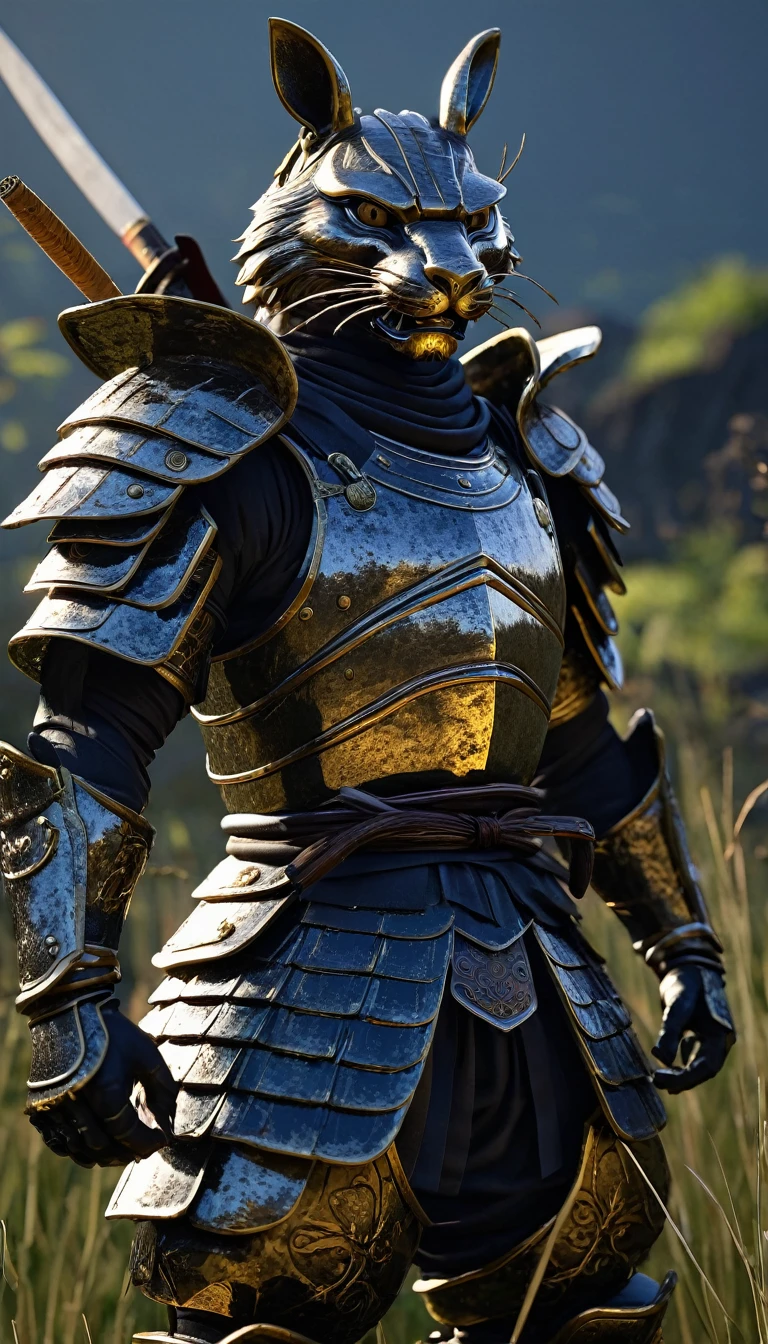 masterpiece, (Super detailed), (Animal anthropomorphism), statue, good looking, Japanese Armor,knife、 Dim lighting, cigarette, Shadow, Night grassland battlefield, Highest quality, Single Focus, (skimming: 1.1), Muscular man, whole body, Complex (High detail: 1.1) Unreal Engine.multiple、