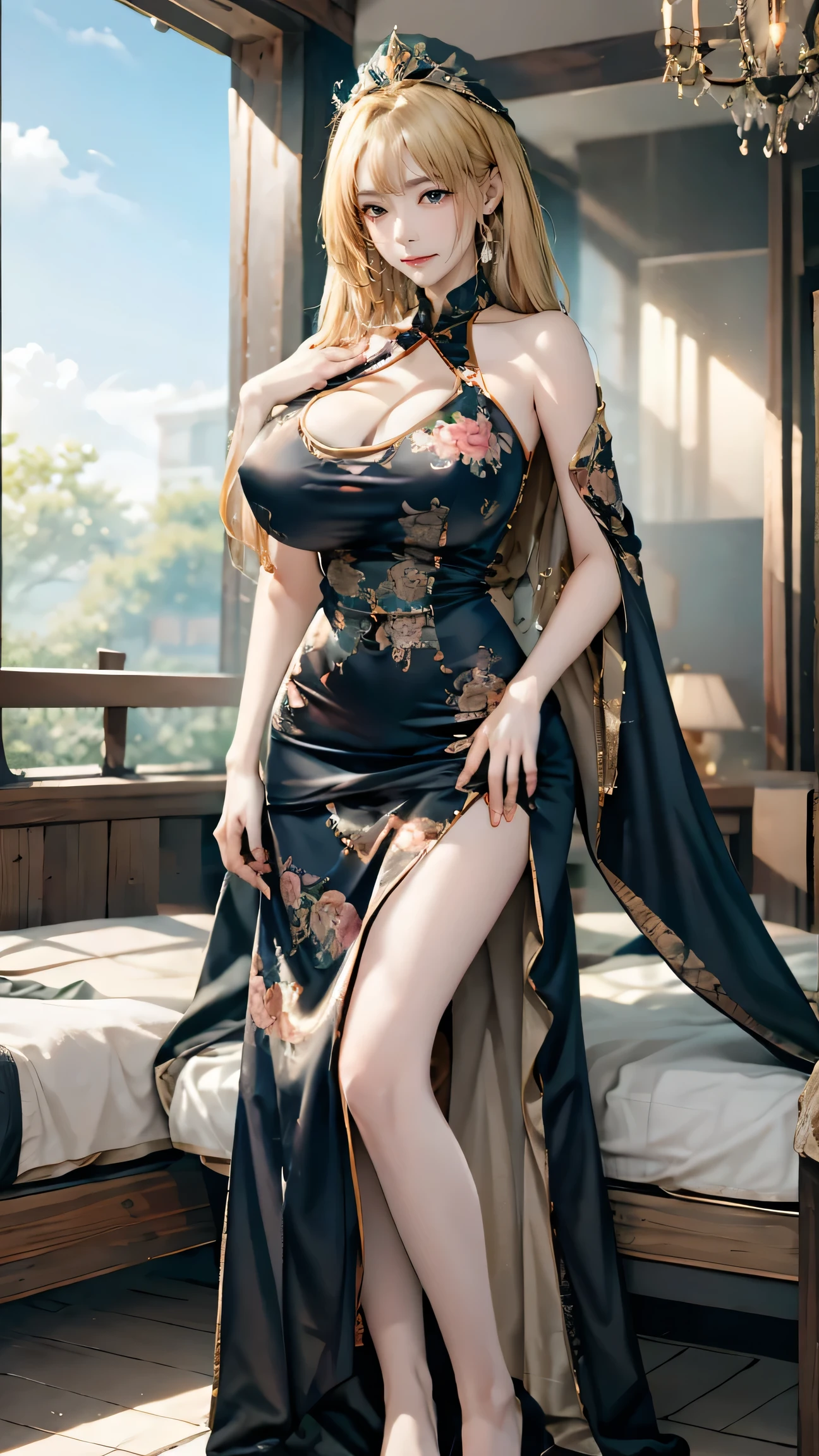 Best quality, masterpiece, ultra high res, raw photo, beautiful and aesthetic, deep shadow, fairy theme,(ultra detailed:1.3),
1girl, dynamic pose, headdress, (beautiful face, detailed eye:1.2), embarrassed, drill hair, long hair, blonde hair, gradient hair, yellow eyes, solo, (busty breasts, gigantic breasts:1.1), big hair, blue hair, divine goddess, looking at viewer, indoors, royal palace, luxurious bedroom, canopy bed, candlelight, room full of curtain, astraea, full body, rc,chinese dress,print dress,capelet,