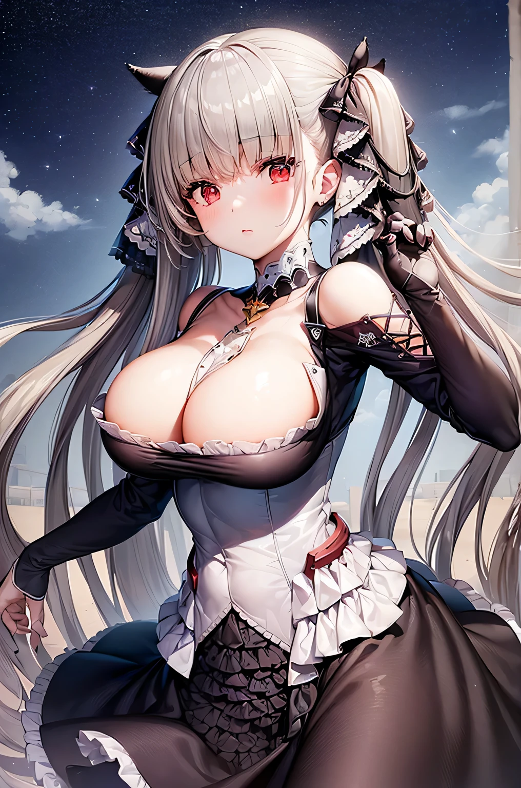 ((dress_default, terrific_default)):1.5,((solo, 1girl)) ((masterpiece,Highest quality,Highly detailed images,Beautiful images、Realistic、Dutch Angle)), (Bright lighting overall、Backlight、A fantastic atmosphere、Thick Fog、Dust flutters),(Dynamic pose、Beautiful cleavage、large breasts)1.2, ((Beautiful starry sky:1.5、Rooftop:1.2))((arms behind head))、Black sleeves