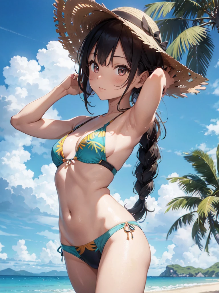 film photography, 1girl , (((whole body ))) , dynamic pose
Character: tropical island explorer
Style: exotic adventure
Extraordinary Feature: connects with the heart of tropical landscapes
Action: Posing on a pristine beach, surrounded by lush palm trees
Hair: Tied in a loose braid to keep cool in the summer breeze
Hair Color: Sun-kissed brown with natural highlights
Eyes: Vibrant blue with the tranquility of the ocean
Clothing: lightweight explorer's attire with tropical patterns, sun hat
Background: idyllic sandy beach with turquoise waters and clear skies, medium breast, full body, (realistic detailed eyes, natural skin texture, realistic face details), finely detailed, hyperrealistic