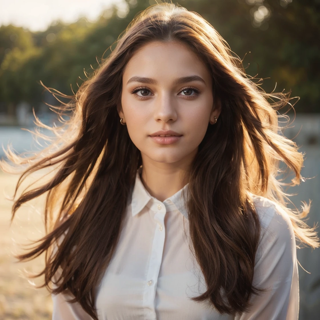woman 22 years old, long brown little bit curly hair, brown eyes, perrfect face, prroffesional makeup like model, C and wearing black top