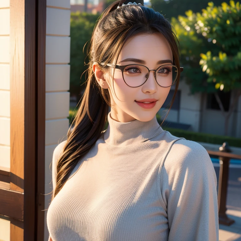 a beautiful young woman in a casual outfit, ponytail, elegant eye glasses, detailed face, alluring eyes, full lips, large bust, turtle neck t-shirt, gray vest, outdoor date setting, soft lighting, warm colors, photorealistic, 8k, cinematic, beautiful detailed eyes, beautiful detailed lips, extremely detailed face and eyes, long eyelashes, intricate clothing textures, elegant posing, warm smile, romantic atmosphere