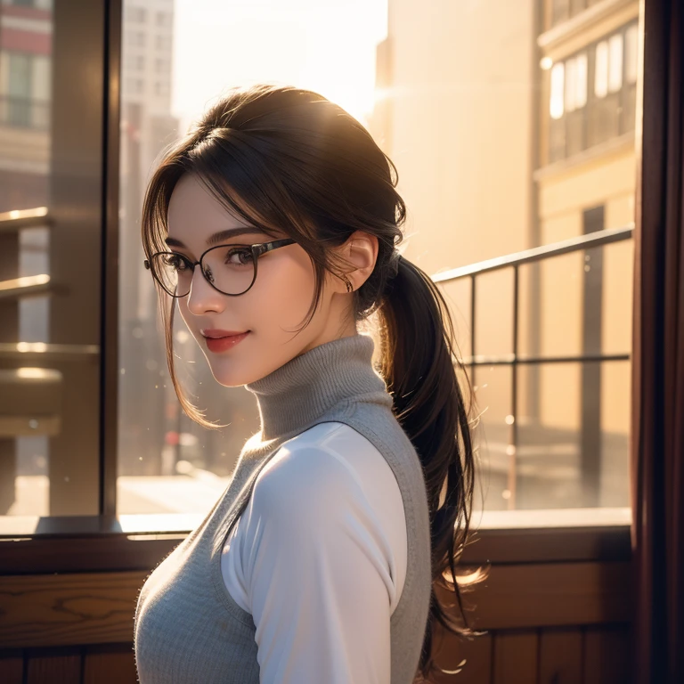 a beautiful young woman in a casual outfit, ponytail, elegant eye glasses, detailed face, alluring eyes, full lips, large bust, turtle neck t-shirt, gray vest, outdoor date setting, soft lighting, warm colors, photorealistic, 8k, cinematic, beautiful detailed eyes, beautiful detailed lips, extremely detailed face and eyes, long eyelashes, intricate clothing textures, elegant posing, warm smile, romantic atmosphere