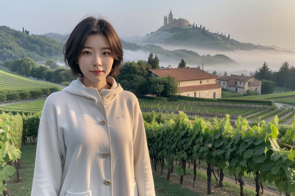k Best picture quality, Beautiful 36-year-old Korean woman, short and nice weather. Chest size 34 inches, Dense fog at dawn in the Italian countryside, past the vineyard, The cathedral is visible in the fog in the distance.., The back background is realistic and vivid quality., Short and medium hair blowing in the wind, Wear high-quality brand outdoor clothing,. a faint smile. the background is clear, Short and slim Korean woman, stand far away, Photo taken with a wide-angle lens