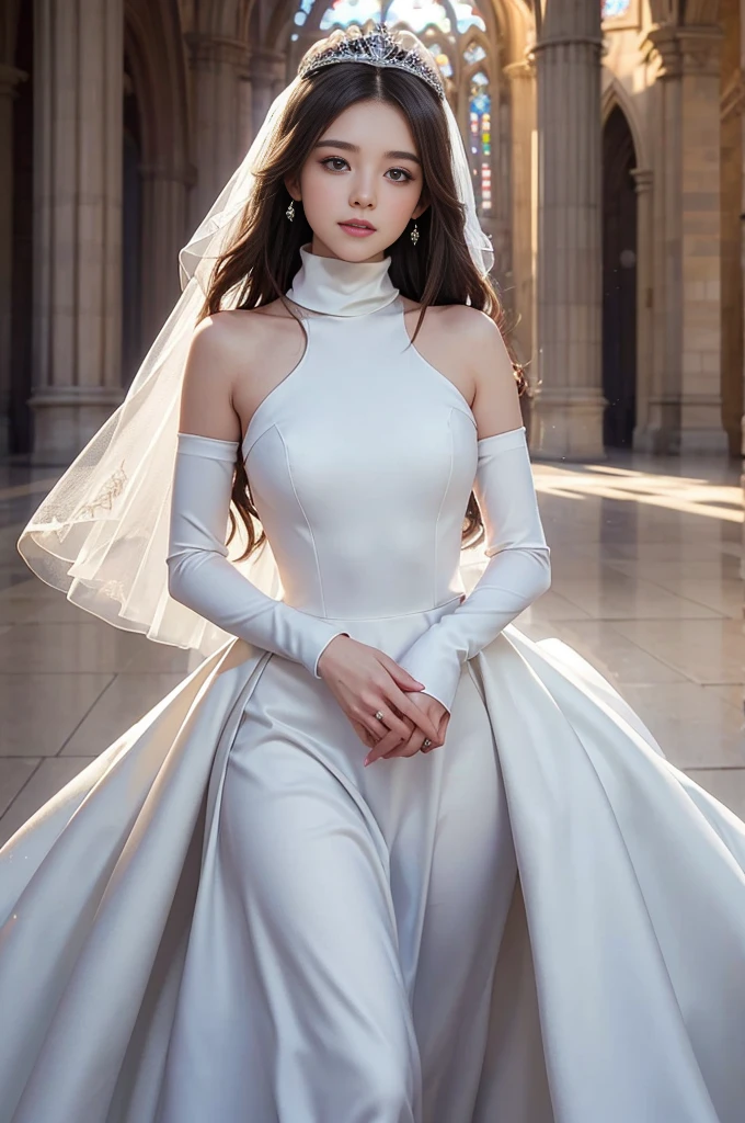 best quality, masterpiece, 1 girl, long hair, huge laugh, cute teen, shiny lips, sweet, sun glare, Conservative attire, turtleneck wedding dress, bridal tiara, depth of field, blurred background, Cathedral Background, light particles, strong wind, head tilt