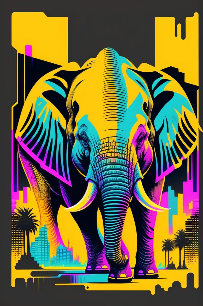 Ready to print t shirt art vector colorful graffiti illustration of an elephant, futuristic cyberpunk city background, realistic image style, image with black background, centred