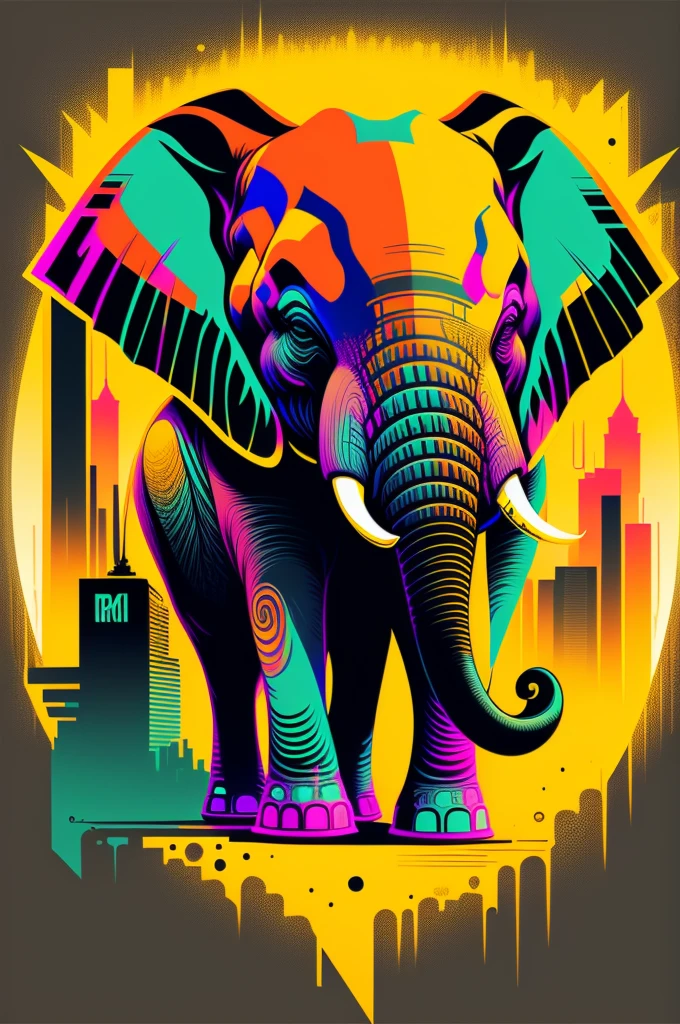 Ready to print t shirt art vector colorful graffiti illustration of an elephant, futuristic cyberpunk city background, realistic image style, image with black background, centred