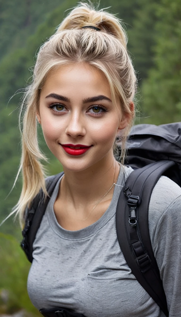 ultrarealistic high quality fullbody photo of a beautiful busty slim european 19-year-old mwoman with cute hyperdetailed shy face and dyed platin blonde long messy ponytail hair and happy face, realistic round hazel eyes, red lips, dark eye makeup with eyeliner, wearing soaking wet outdoor leggins hiking outfit with backpack, hourglass body, outdoor shooting on a gorge with heavy rain