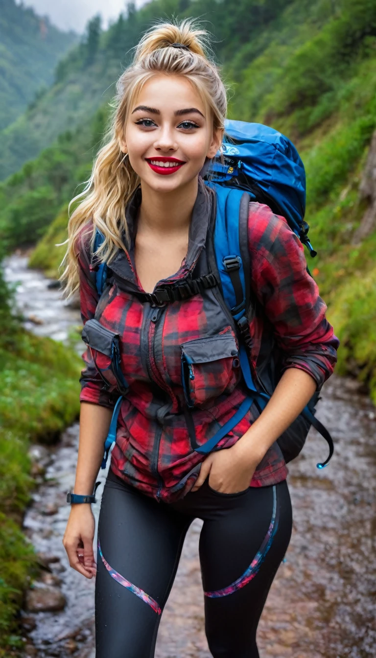 ultrarealistic high quality fullbody photo of a beautiful busty slim european 19-year-old mwoman with cute hyperdetailed shy face and dyed platin blonde long messy ponytail hair and happy face, realistic round hazel eyes, red lips, dark eye makeup with eyeliner, wearing soaking wet outdoor leggins hiking outfit with backpack, hourglass body, outdoor shooting on a gorge with heavy rain