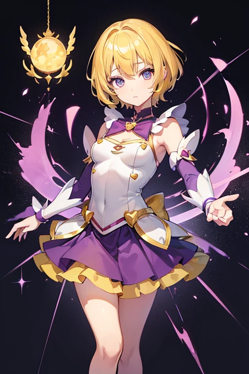 1 female,((Magical girl)),,clavicle, (Yellow Hair,short hair),Absurd,Expressionless, Hollow Eyes,Eyes glow purple, Small breasts, High Grade, Full body shape,  (Highest quality、4K、8K、High resolution、Must have:1.2)、Very detailed、(reality、that&#39;s reality的.、reality的:1.37)、Ticker、Hyper HD、Studio Lighting、Ultra High Definition Paint、Sharp focus、Physically Based Rendering、Extreme Detail、Professional specifications、Vibrancy and color、Blurred、Sports portrait、landscape、Horror Style、Anime Big Tits、sf、photograph、Concept Artist、Five Fingers, Perfect body,  {{{masterpiece}}}, {{{Highest quality}}}, {{Very detailed}}, {shape}, {{Very delicate and beautiful}},Promoting cost performance、All Roles、Canon 5D MK4でphotograph、Sprinkles、photograph,