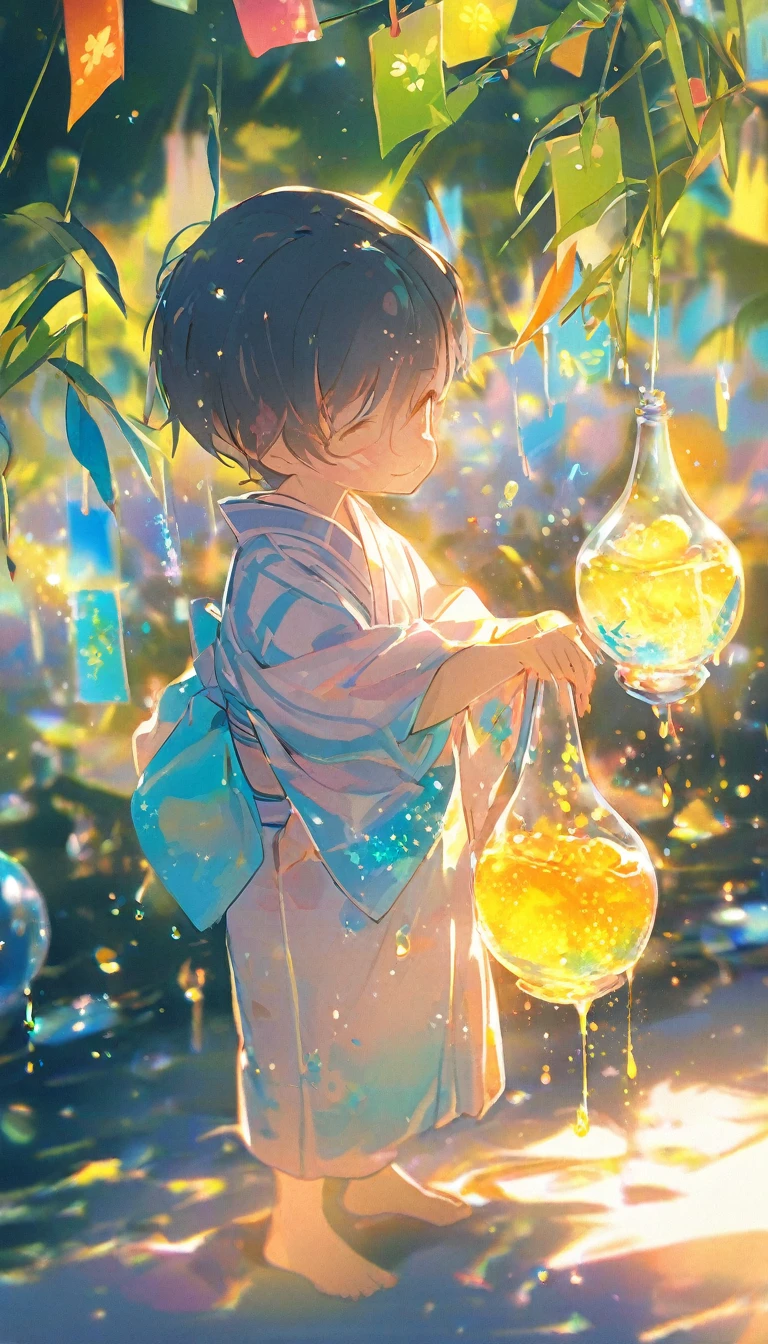 、Looking at a large flower、Tanabata、strip、Bamboo Leaves、stripに願いをこめて、yukata,fluid,Particles of light, dream-like,Sparkling,dream-like glow,Paint dripping,Oil,strong stroke,Splash Paint Drop, Boy's(Tanabataライトトレース:1.25),After change (Radioluminescence Light Tracking) スタイルTanabataのSummer festival,Temple Fair,Summer festival,Iridescent、16K, Ultra-high resolution, to be born,wonderful ,future、Iridescent、The world 30 years from now。