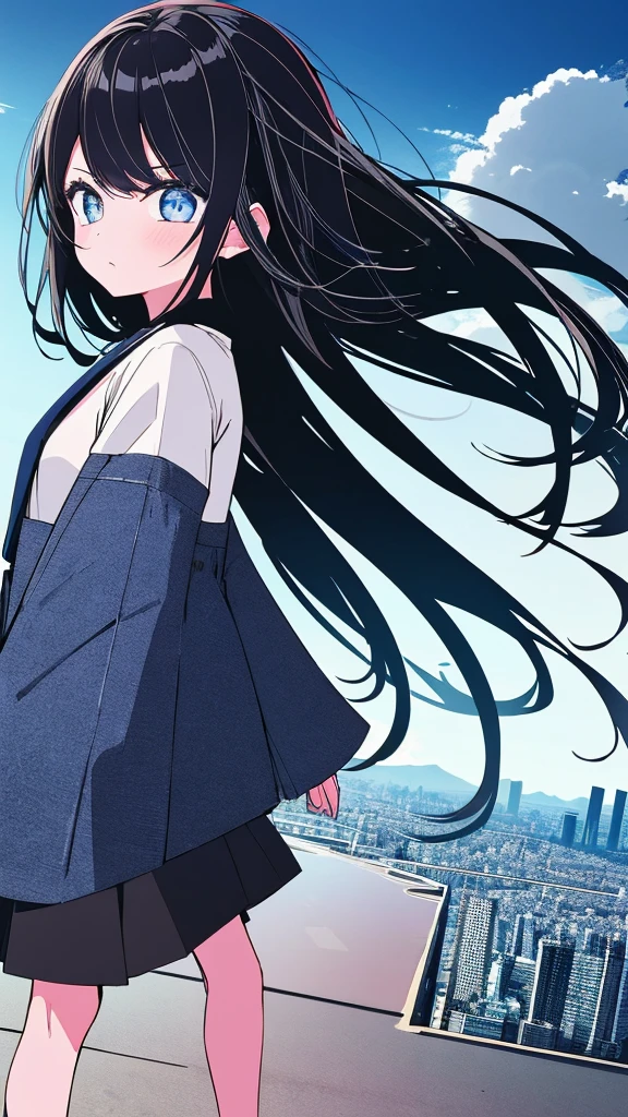 1girl,monochrome color, Blue Art, grayscales、masterpiece、top-quality、Top image quality、straight haired、Hanging eyes、kawaii、A darK-haired、blue eyes、the wind、Buildings,Tokyo,
foot、Background center、whale