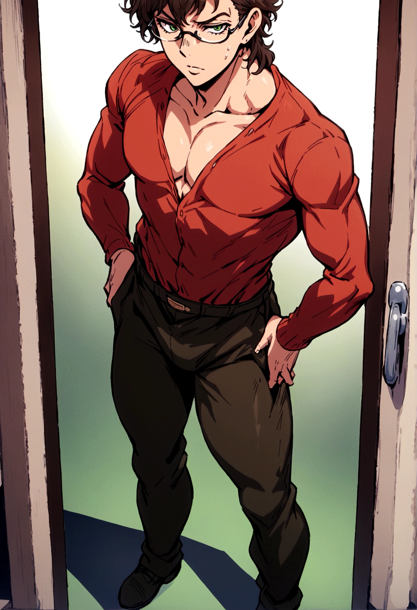 fullbody,masterpiece,standing,red shirt,dark brown curly short hair,green eyes,(bangs),adult,1boy,solo,light stuble,glasses,