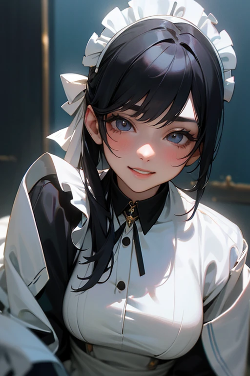 (Highest Resolution, clear_image) Highest quality, single, One woman, alone, masterpiece, Very detailed, Semi-realistic, Black Hairのショートヘア, Black Hair, bangs, 18-year-old, mature, Light blue , Indoor Background, kind, Authoritative, Powerful, exquisite features, exquisite features、Eyelashes become longer、Showing teeth、smile😀、Maid clothes、woman'Fingers in the、Sleeping on the sofa、Long Hair、Fluttering in the wind、((Off-the-shoulder clothing))