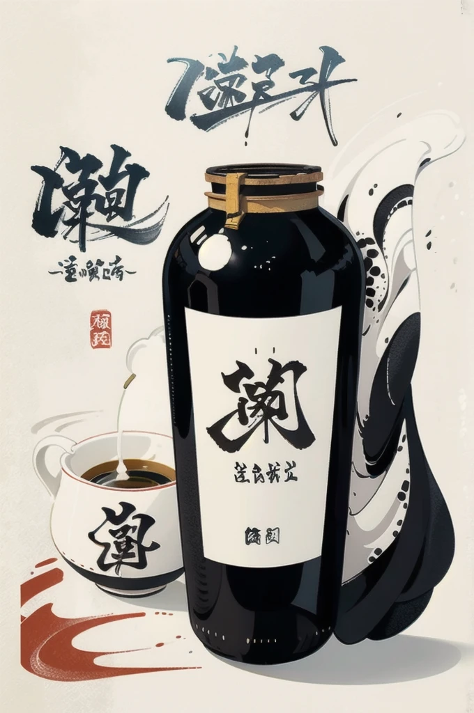 Stylish logo for Japanese sake delivery, black and white design, one-stroke、Calligraphy-like design、In silhouette、Luxurious、Sake from a sake bottle、Stylish diagonal shot from the air、In a sake cup、A logo that looks like alcohol is being poured neatly. A very luxurious logo. A very cool, chic and modern design. The background is white.