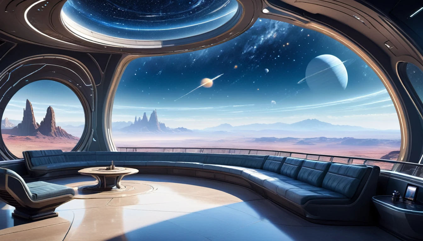 An expansive observation deck on a distant planet, featuring large panoramic windows that provide a stunning view of the alien terrain below, with rolling hills, unusual rock formations. The deck itself is constructed with futuristic materials, featuring sleek railings, comfortable seating areas. The sky outside is filled with unfamiliar constellations and a distant nebula, casting a soft, otherworldly glow over the scene