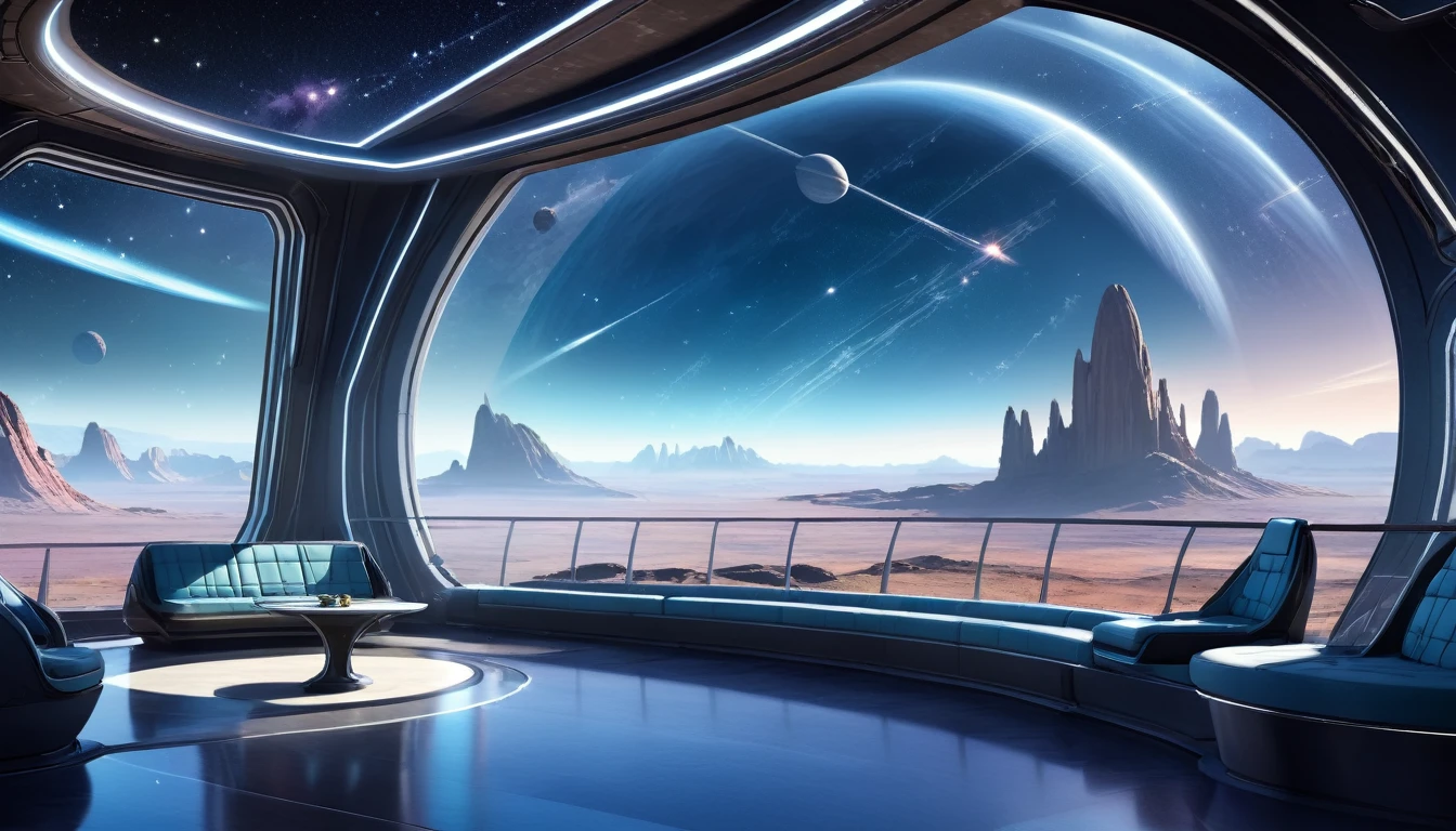 An expansive observation deck on a distant planet, featuring large panoramic windows that provide a stunning view of the alien terrain below, with rolling hills, unusual rock formations. The deck itself is constructed with futuristic materials, featuring sleek railings, comfortable seating areas. The sky outside is filled with unfamiliar constellations and a distant nebula, casting a soft, otherworldly glow over the scene