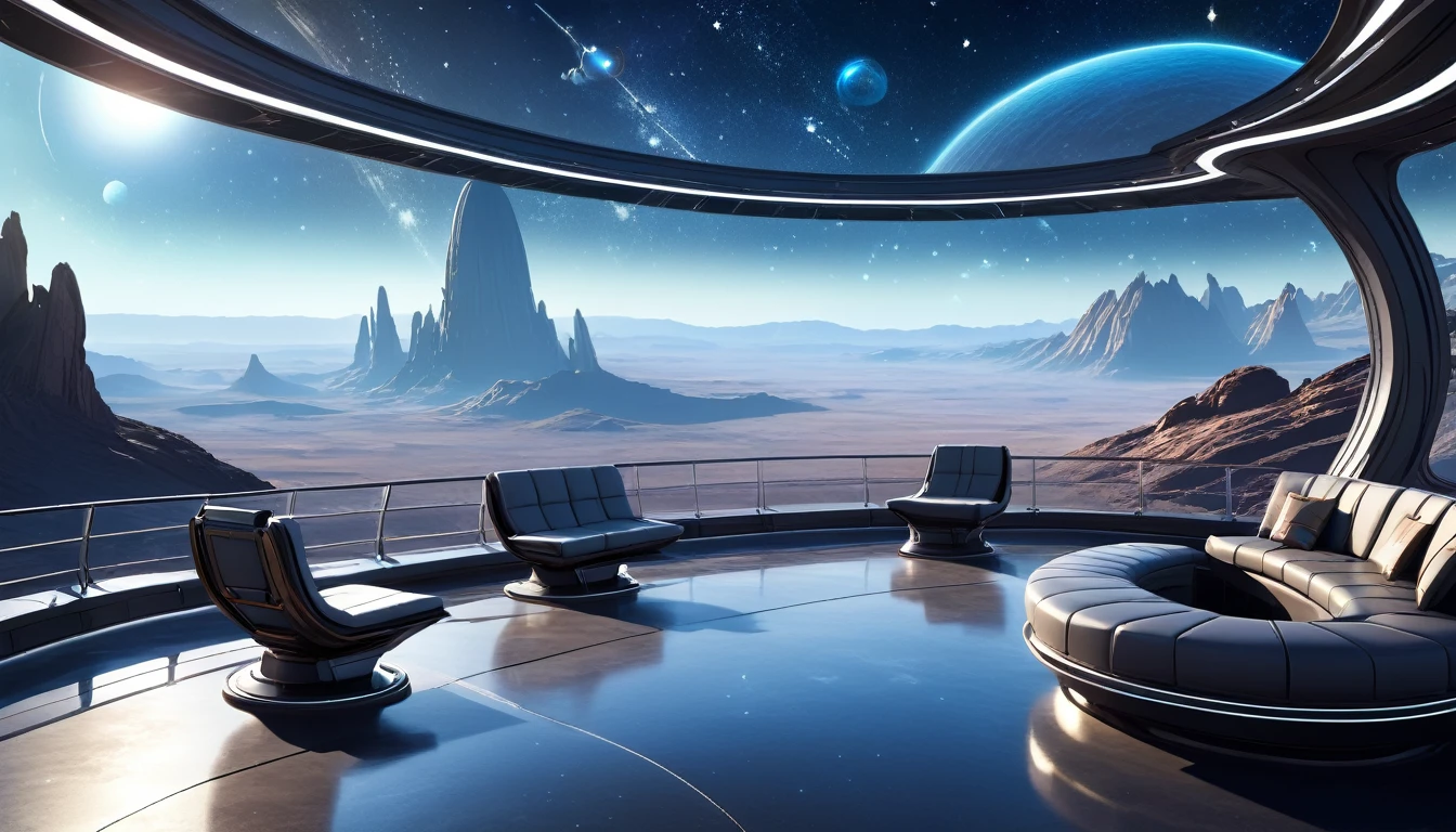 An expansive observation deck on a distant planet, featuring large panoramic windows that provide a stunning view of the alien terrain below, with rolling hills, unusual rock formations. The deck itself is constructed with futuristic materials, featuring sleek railings, comfortable seating areas. The sky outside is filled with unfamiliar constellations and a distant nebula, casting a soft, otherworldly glow over the scene