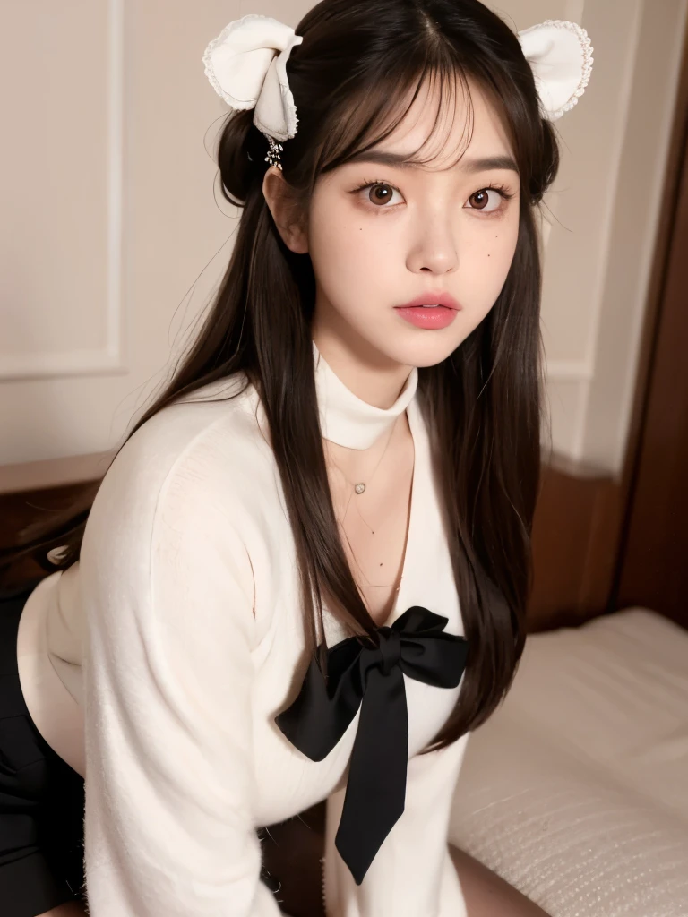 Kim Jennie with white brown hair, with curlers at the ends, with two bows on each side of the hair, all her white hair brown, with a star clip in her white brown hair, light colored eyes, Beautiful eyes, crying eyes, Beautiful, splash nose, watery nose, Beautifuls labios, pink lips, heart and cupid shaped lip, Beautiful skin, pale, White skin, with moles and freckles all over his face, soft pink blush on cheeks, natural pink blush, soft pink makeup, Jennie, Nice neck, marked collar, frown, tender look, with a kiss necklace, a Beautiful kiss necklace, similar a Yumeko Jabami, while using a YK2 Crochet, woolen, with a YK2 style brown miniskirt, while wearing stockings, secretary stockings, medias sexy, while having a bare abdomen, Delgado, marked and Beautiful, (big breasts, soft breasts, Beautifuls pechos), while she cosplays the character Yumeko Jabami, The anime Kakegurui., looking to the camera