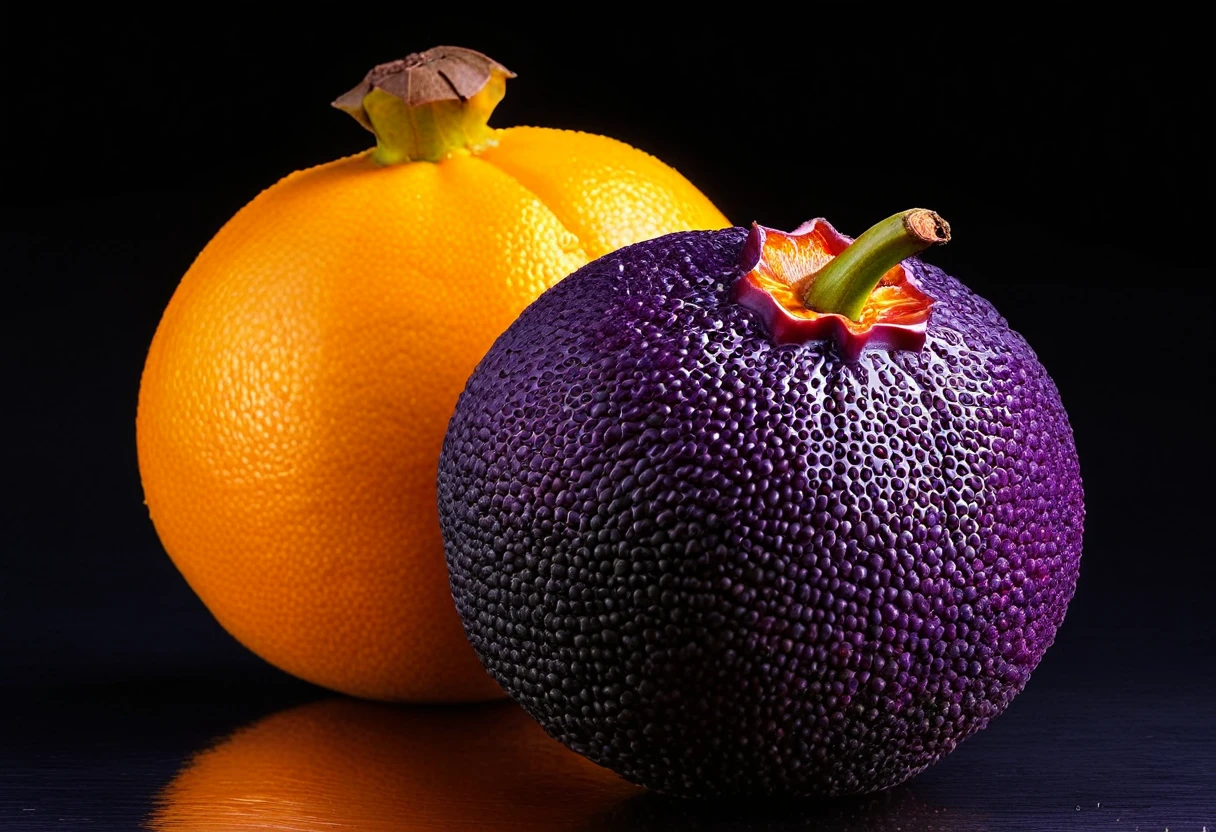 Generate a highly detailed and realistic photo of a unique, never-before-seen fruit that is a hybrid between a mangosteen and an orange. The fruit should have the round shape and deep purple rind of a mangosteen, but with the texture and vibrant orange color of an orange's skin. The rind should be slightly bumpy and segmented like an orange. When cut open, the fruit reveals juicy, orange-colored segments arranged similarly to an orange, but with the soft, fleshy texture of mangosteen segments. The interior should have a few seeds scattered among the segments. The fruit is placed on a simple, clean background with natural lighting that highlights its unique features. This photo should be highly detailed and visually captivating, showcasing the imaginative blend of these two fruits.