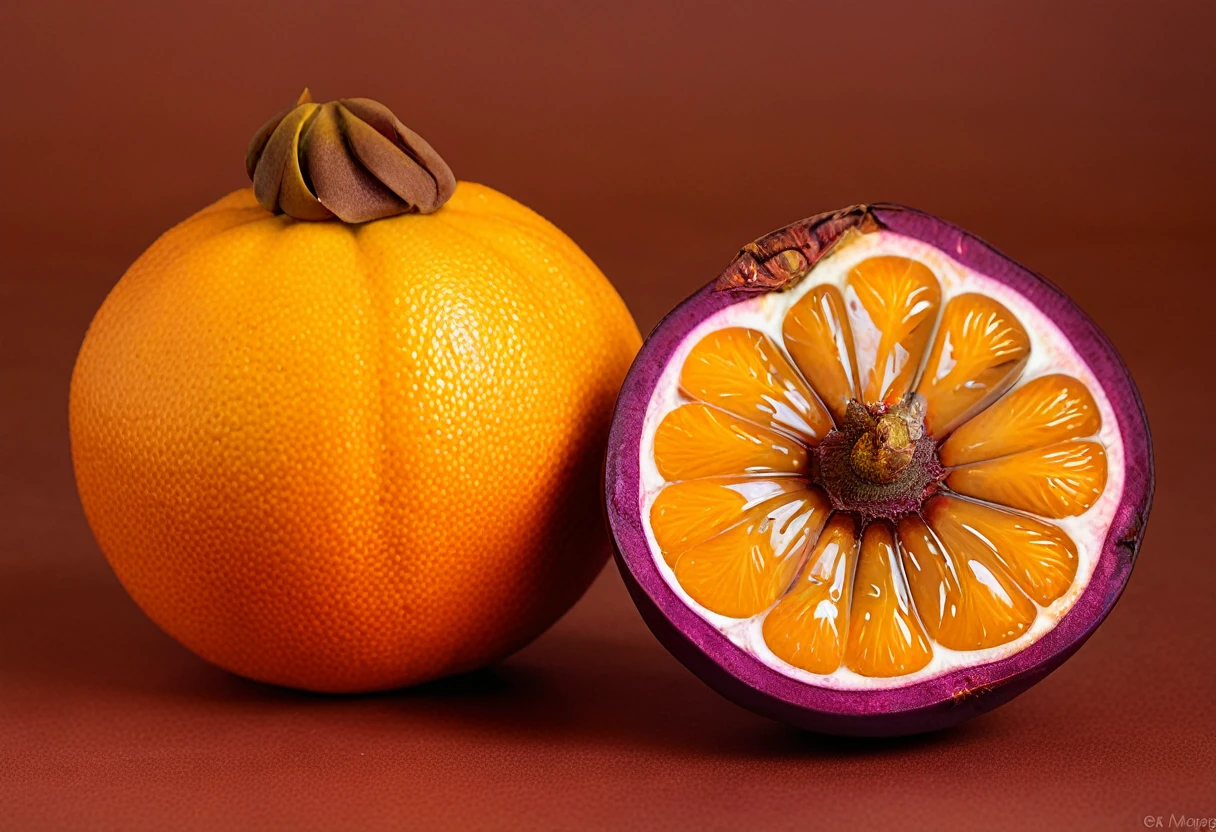 Generate a highly detailed and realistic photo of a unique, never-before-seen fruit that is a hybrid between a mangosteen and an orange. The fruit should have the round shape and deep purple rind of a mangosteen, but with the texture and vibrant orange color of an orange's skin. The rind should be slightly bumpy and segmented like an orange. When cut open, the fruit reveals juicy, orange-colored segments arranged similarly to an orange, but with the soft, fleshy texture of mangosteen segments. The interior should have a few seeds scattered among the segments. The fruit is placed on a simple, clean background with natural lighting that highlights its unique features. This photo should be highly detailed and visually captivating, showcasing the imaginative blend of these two fruits.