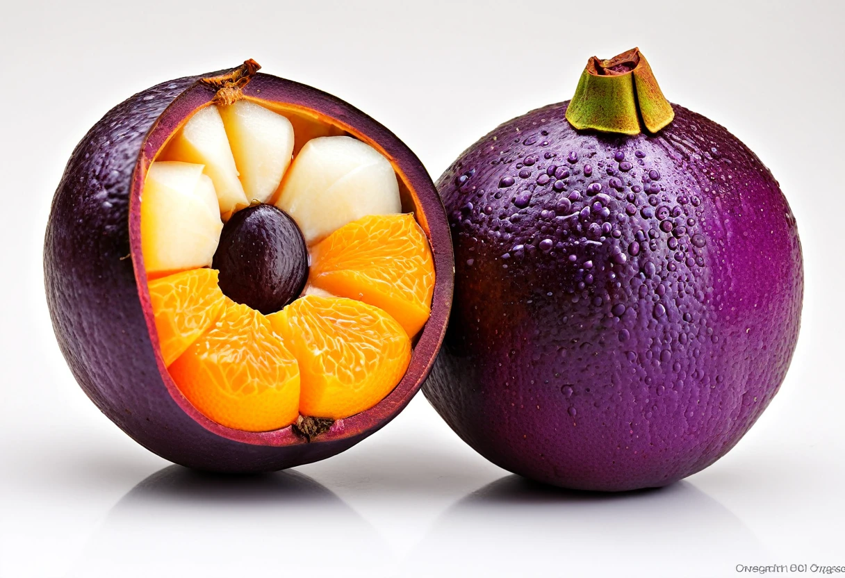 Generate a highly detailed and realistic photo of a unique, never-before-seen fruit that is a hybrid between a mangosteen and an orange. The fruit should have the round shape and deep purple rind of a mangosteen, but with the texture and vibrant orange color of an orange's skin. The rind should be slightly bumpy and segmented like an orange. When cut open, the fruit reveals juicy, orange-colored segments arranged similarly to an orange, but with the soft, fleshy texture of mangosteen segments. The interior should have a few seeds scattered among the segments. The fruit is placed on a simple, clean background with natural lighting that highlights its unique features. This photo should be highly detailed and visually captivating, showcasing the imaginative blend of these two fruits.