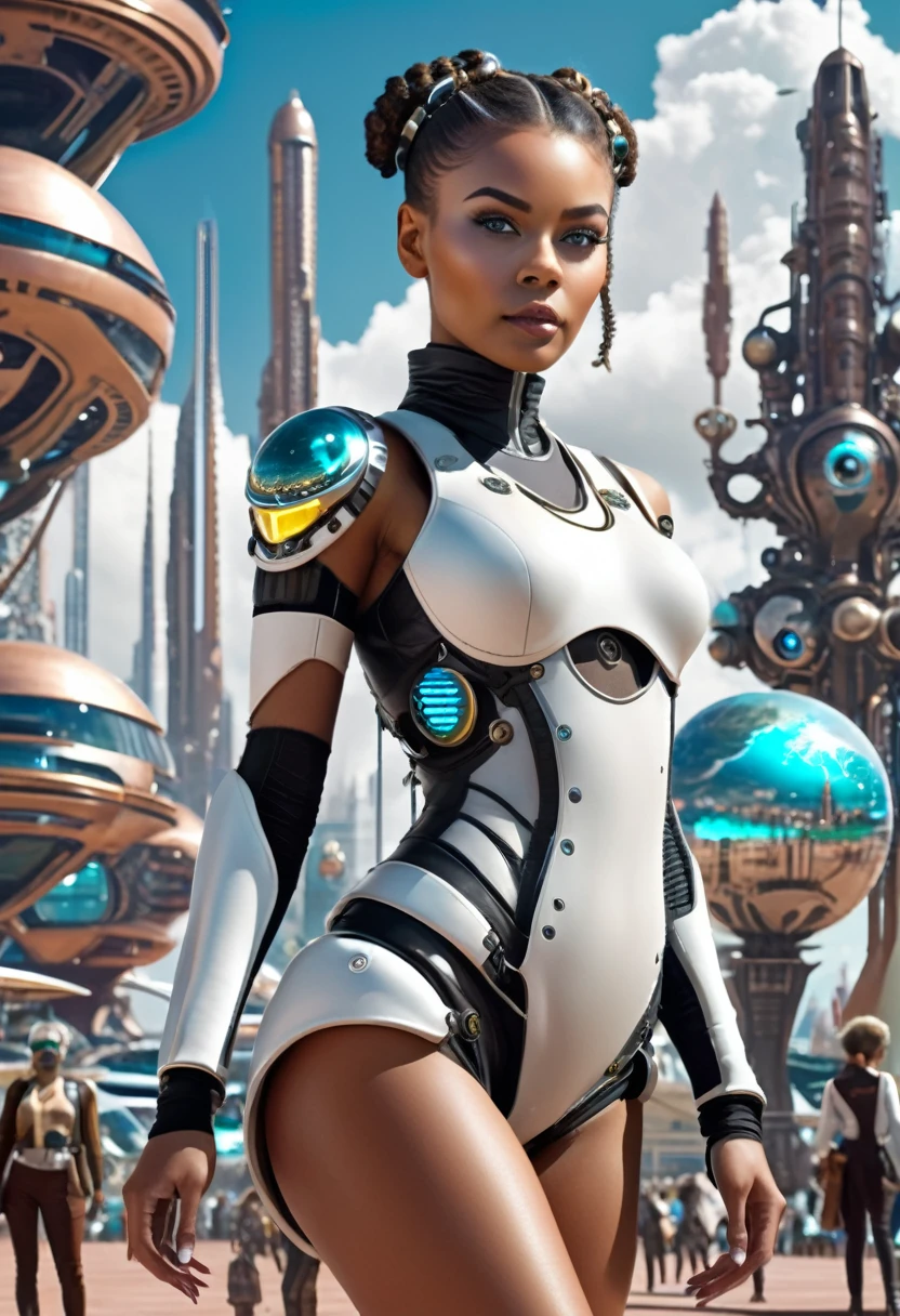 A futuristic steampunk girl on a planetary colony, in the background you can see aliens of various races and a futuristic city with advertising holograms, you can also glimpse some cyborgs