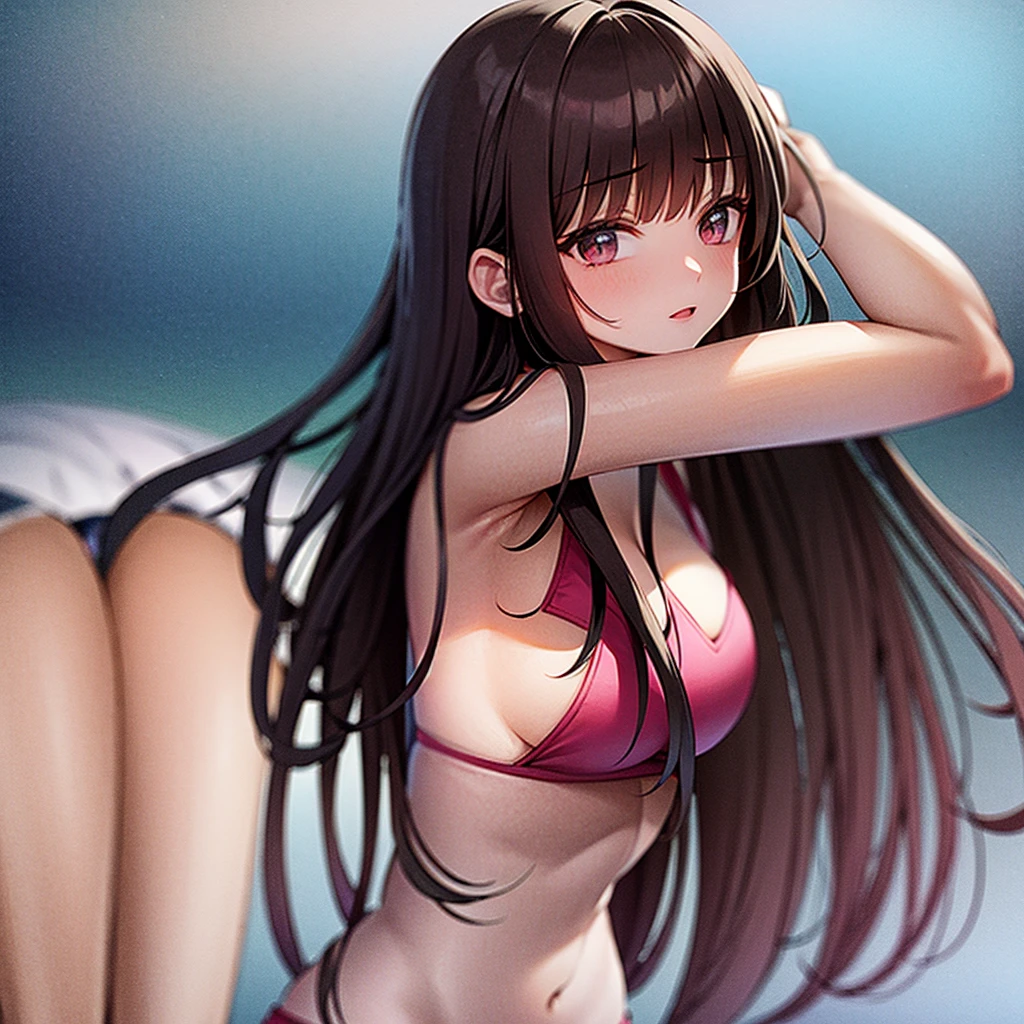 young brunette standing in sheer pink bikini with arms extended, dark and wavy hair, big eyes, soft light
