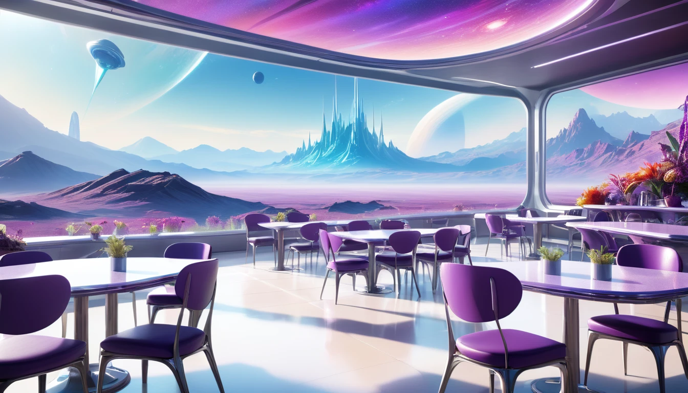 A spacious, empty cafeteria on a distant planet, featuring large windows that offer a breathtaking view of an alien landscape with distant mountains and strange flora. The cafeteria's futuristic design includes sleek, metallic tables and chairs, with soft ambient lighting creating a serene atmosphere. The sky outside the windows is a mix of vibrant colors, hinting at the unique atmosphere of the planet.