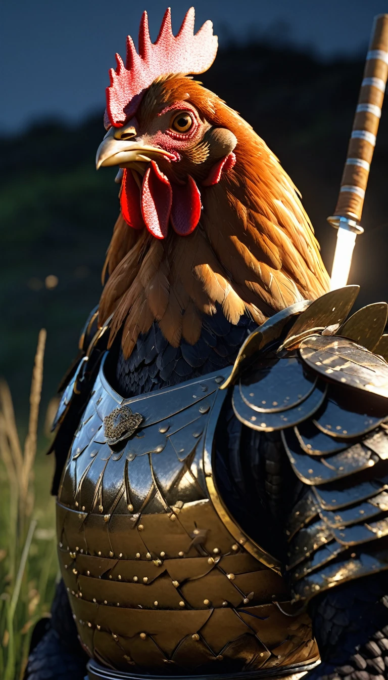 masterpiece, (Super detailed), (Animal anthropomorphism), Chicken, good looking, Japanese Armor,knife、 Dim lighting, cigarette, Shadow, Night grassland battlefield, Highest quality, Single Focus, (skimming: 1.1), Muscular man, whole body, Complex (High detail: 1.1) Unreal Engine.multiple、