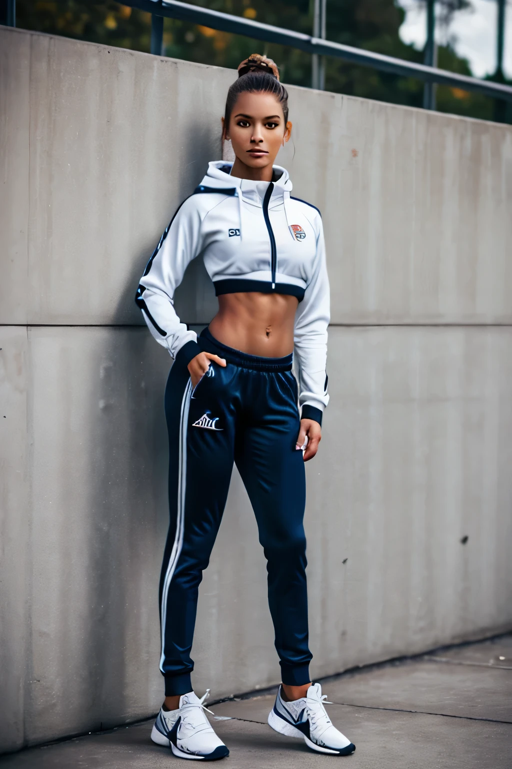 young woman in a tracksuit, jump shot, Full length photo, Photosession ,Fitness model, athletic build, photo of a slender girl, detailed flawless face, gorgeous woman, Beautiful young woman
