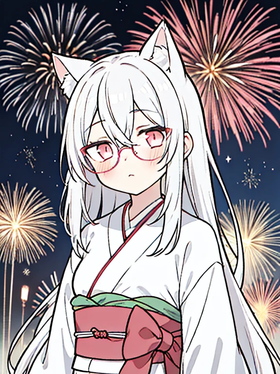 best quality, masterpiece, 1 girl, loli, upper body, hairs between eyes, female, pink eyes, long hair, small breasts, glasses, expressionless, wink , cat ears, white hair, silver hair, streaked hair, long bangs, japanese clothes, obi, fireworks, stars