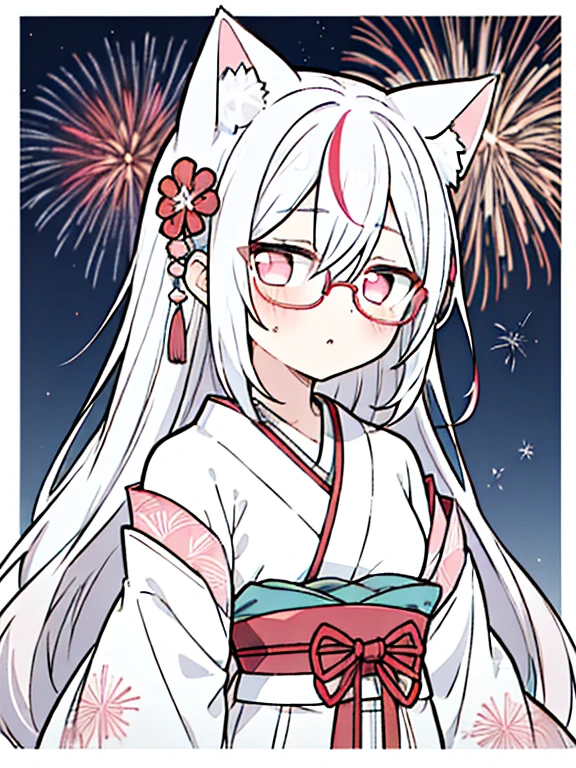 best quality, masterpiece, 1 girl, loli, upper body, hairs between eyes, female, pink eyes, long hair, small breasts, glasses, expressionless, wink , cat ears, white hair, silver hair, streaked hair，   long bangs, japanese clothes, obi, fireworks, stars
