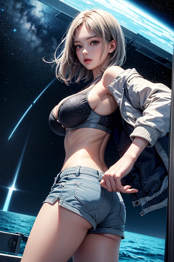 (masterpiece:1.5, Highest quality, Very detailed、 Dutch Angle、Realistic、2.5D、Realistic)(One Girl, Sports Girl)(Grey Hair:1.6,,short hair)(Sports Bra、Jacket:1.5、Shorts、肩にJacketをかける)、((medium breasts, Beautiful cleavage,underboob))(from backside),(Beautiful starry sky、Mystical Night、Particles of light float around the woman、Fantastic space、Ocean、On the boat)
