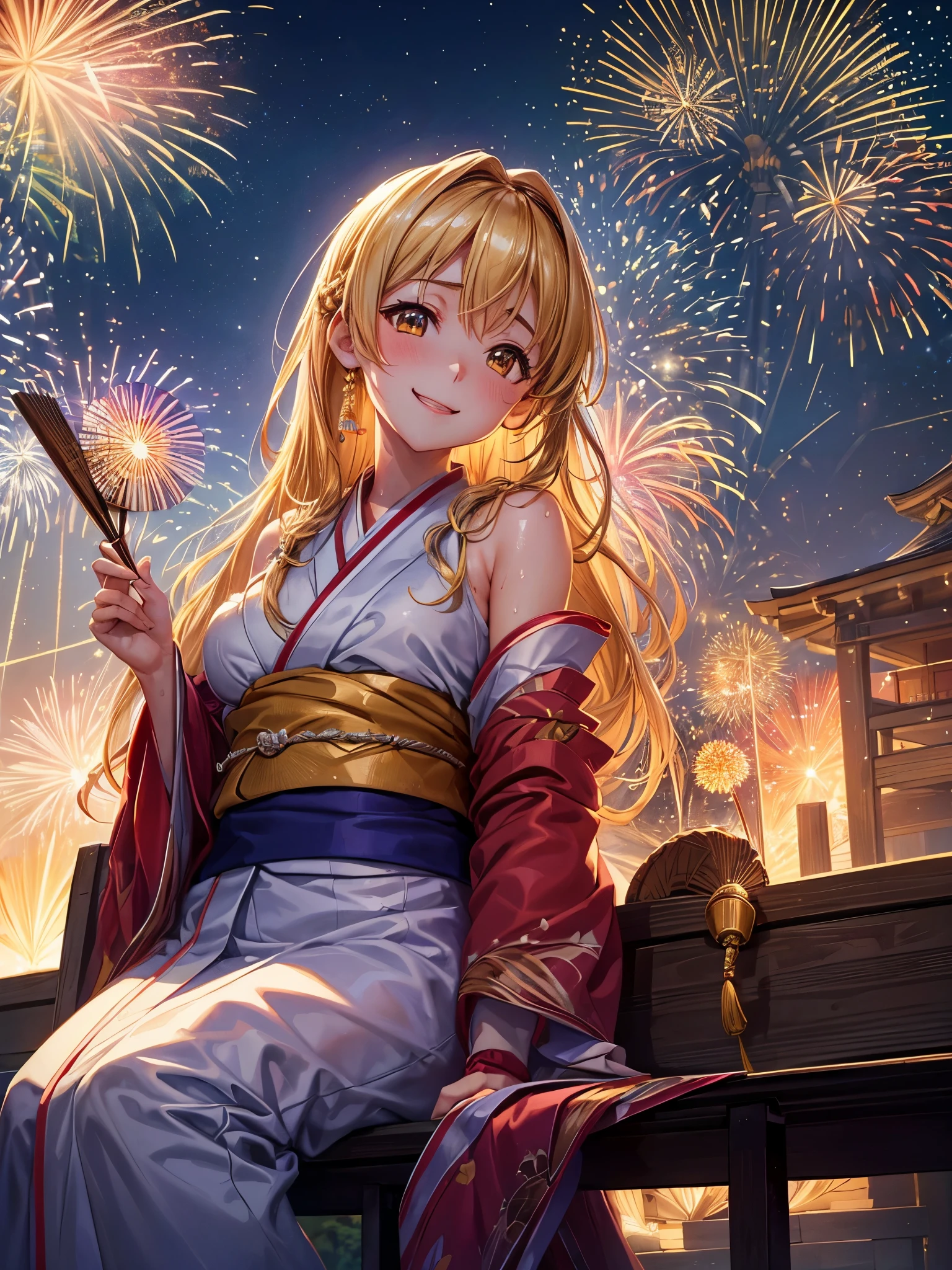 (highest quality)), ((masterpiece)), (family friendly), Perfect Face,Shiny skin,Beautiful breasts,Shiny skin、Kyoto Animation style painting、Hair、Golden Eyes、Sunburned skin、night、Braided Hair、(((firework)))、(((night)))、Sit on a bench、(Sweat)、
、kimono、(((Holding a fan)))、smile、look up、Open your mouth