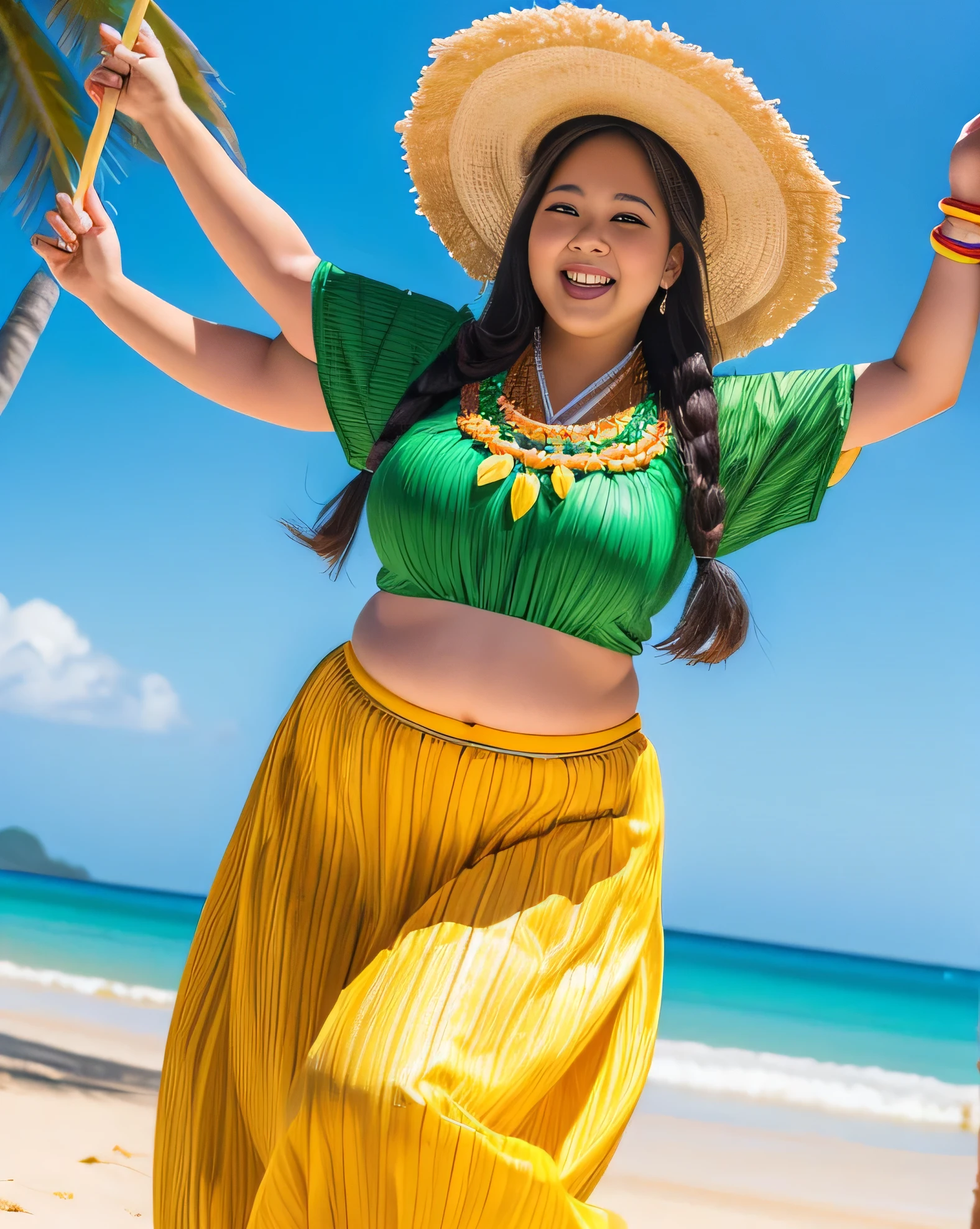 ((8K)), highest quality, 超High resolution, (surreal)、(High resolution), 1 girl, ((Traditional Hula Costumes)), Overweight, extremely fat, ((Chubby)), ((Chuckle-Smile)), Dancing the hula happily、at beach, cowboy shot