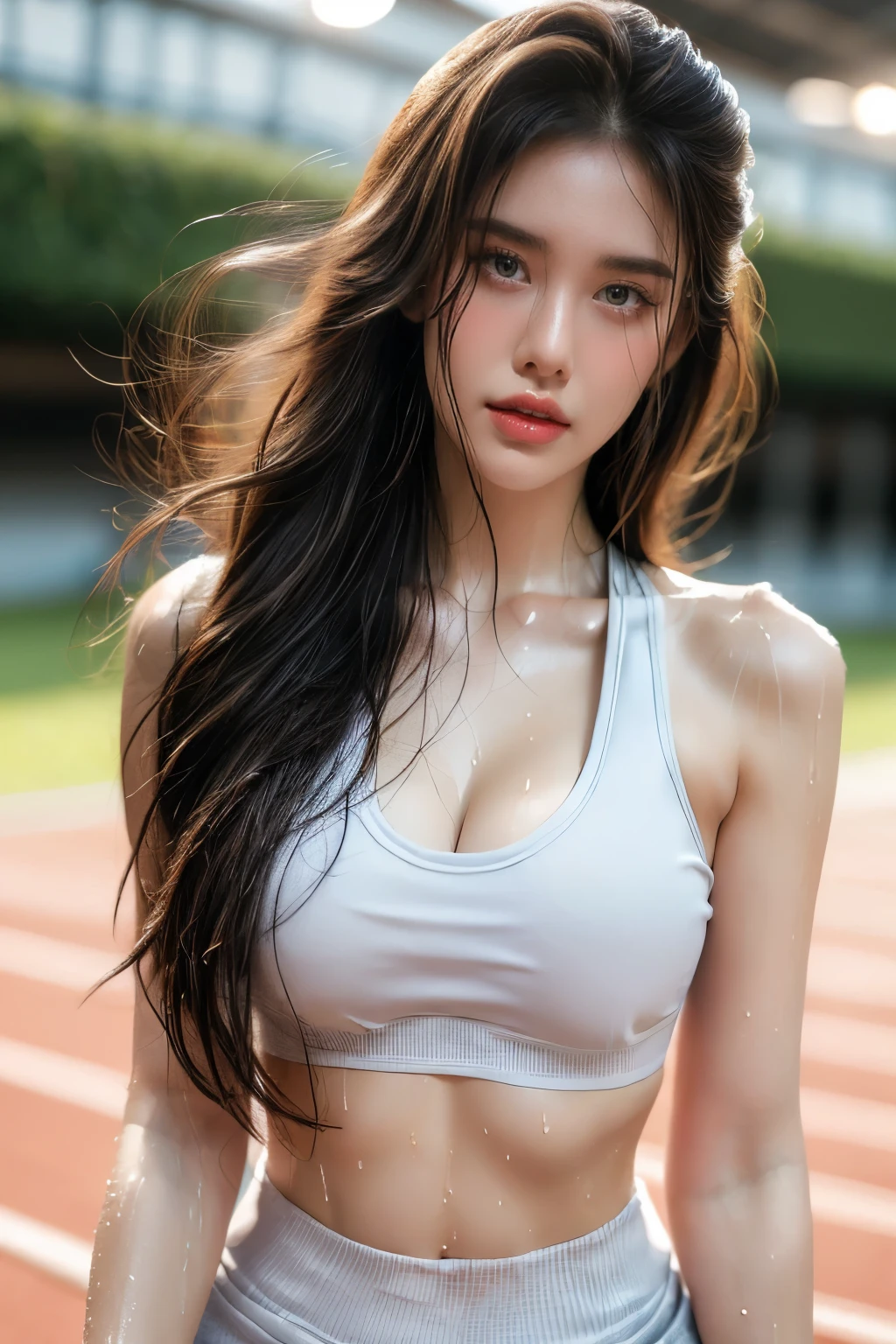 The highest image quality, High quality, 8K, (Realistic Photos:1.4), (One beautiful woman:1.3), Beautiful expression, Eyes and faces with detailed, sweaty skin, wet skin, (Woman running on the running track), Smiling, (Beautiful lighting:1.3), Super Detail, high detailing, High quality, High resolution, cleavage, (medium breasts), (weavy long hair), (Beautiful woman), (Wear tight short pants), (Sports Bra:1.33), (You can see your nipples), cleavage, (full body), (looking in camera:1.3), Sharp Focus, wet crotch, wet skin, eyes on camera,
