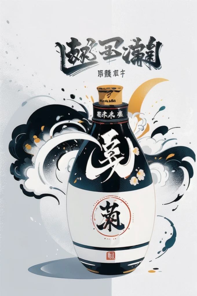 Stylish logo for Japanese sake delivery, black and white design, one-stroke、Calligraphy-like design、In silhouette、Luxurious、Sake from a sake bottle、Stylish diagonal shot from the air、In a sake cup、A logo that looks like alcohol is being poured neatly. A very luxurious logo. A very cool, chic and modern design. The background is white.