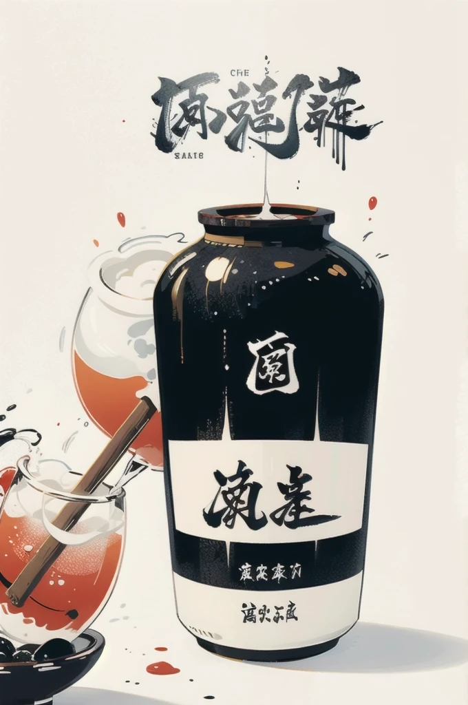 Stylish logo for Japanese sake delivery, black and white design, one-stroke、Calligraphy-like design、In silhouette、Luxurious、Sake from a sake bottle、Stylish diagonal shot from the air、In a sake cup、A logo that looks like alcohol is being poured neatly. A very luxurious logo. A very cool, chic and modern design. The background is white.