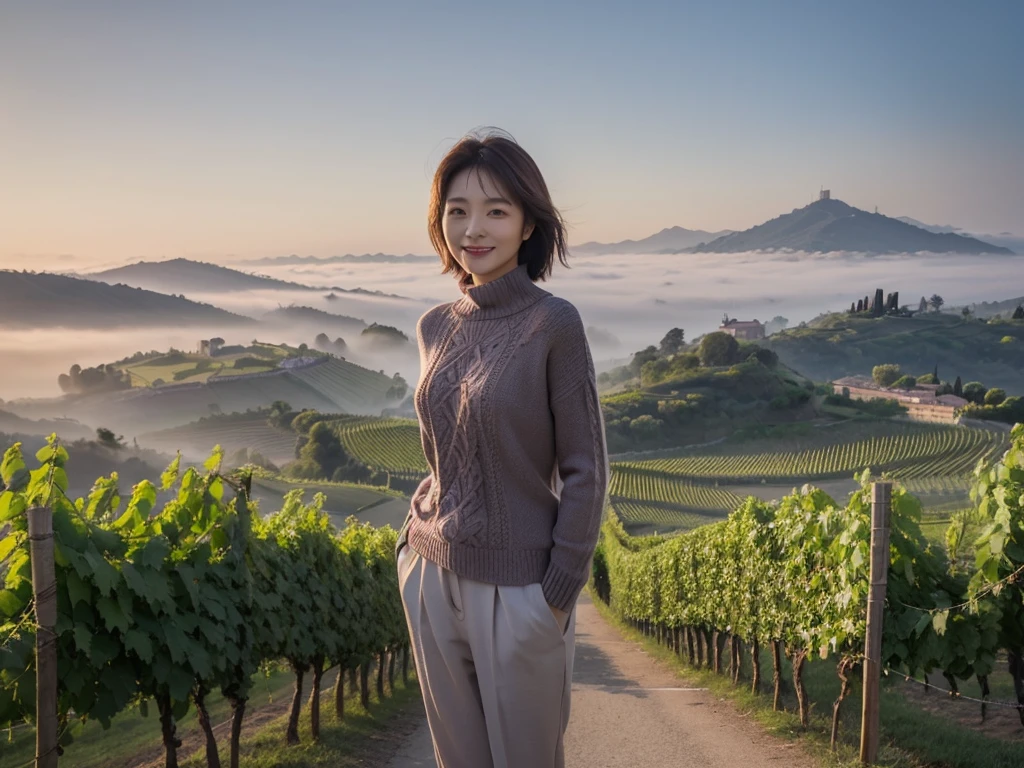 8k best picture quality, Beautiful 36-year-old Korean woman, short and nice weather. Chest size 34 inches, Dense fog at dawn in the Italian countryside, past the vineyard, The cathedral is visible in the fog in the distance., The back background is realistic and vivid image quality, Short and medium hair blowing in the wind, Wearing high-end luxury knitwear. casual pants, Smile. the background is clear, Short and slim Korean woman, stand far away, Photo taken with a wide-angle lens, thick fog at dawn