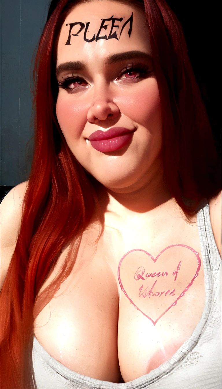 outside, naked, huge breasts, Tattoo with text "queen of whores", High Definition, realistic style, big pink nipples, huge butt