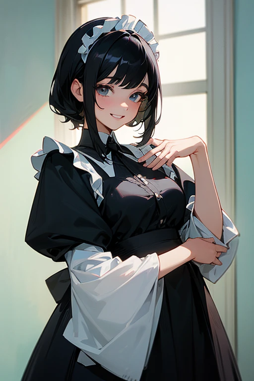 (Highest Resolution, clear_image) Highest quality, single, One woman, alone, masterpiece, Very detailed, Semi-realistic, Black Hairのショートヘア, Black Hair, bangs, 18-year-old, mature, Light blue , Indoor Background, kind, Authoritative, Powerful, exquisite features, exquisite features、Eyelashes become longer、Showing teeth、smile😀、Maid clothes、woman'Fingers in the、Sleeping on the sofa、Long Hair、Fluttering in the wind、((Off-the-shoulder clothing))