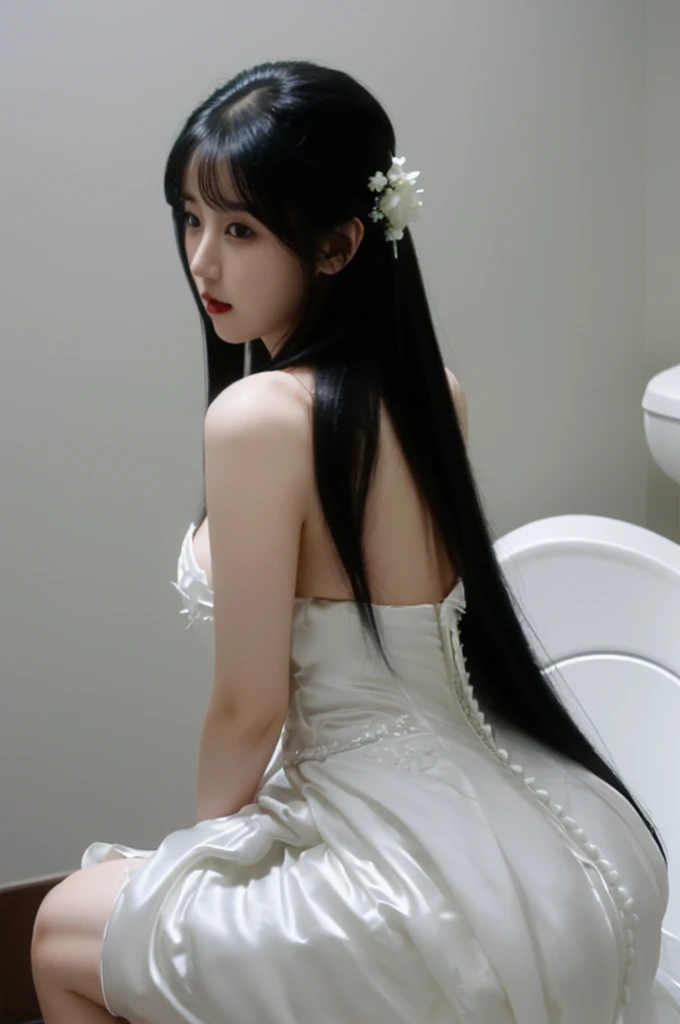 bride、In a wedding dress、Super fat、Big Breasts、Big Ass、Super long straight black hair、Small private room、Sit on the toilet