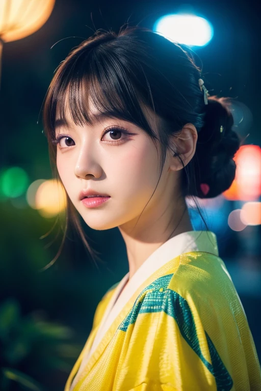 girl in a Japanese garden, female singer, electropop, Japanese dance-vocal group, trending rhythms, crawling against reality, detailed face and eyes, intricate hairstyle, colorful lighting, neon-tinged, dreamlike atmosphere, vibrant colors, photorealistic, 8k, high quality, masterpiece