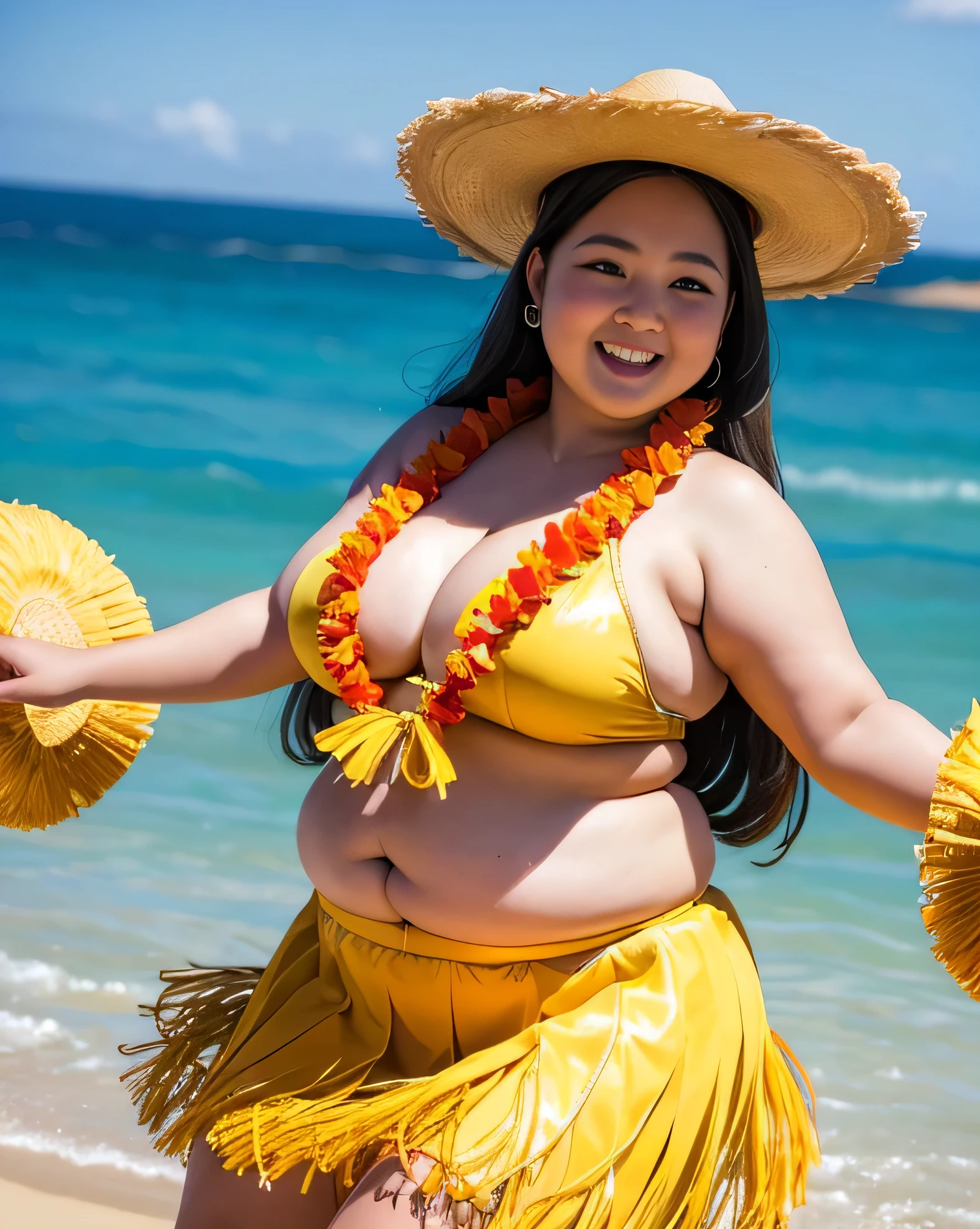 ((8K)), highest quality, 超High resolution, (surreal)、(High resolution), 1 girl, ((Traditional Hula Costumes)), Overweight, extremely fat, ((Chubby)), ((Chuckle-Smile)), Dancing the hula happily、at beach, cowboy shot