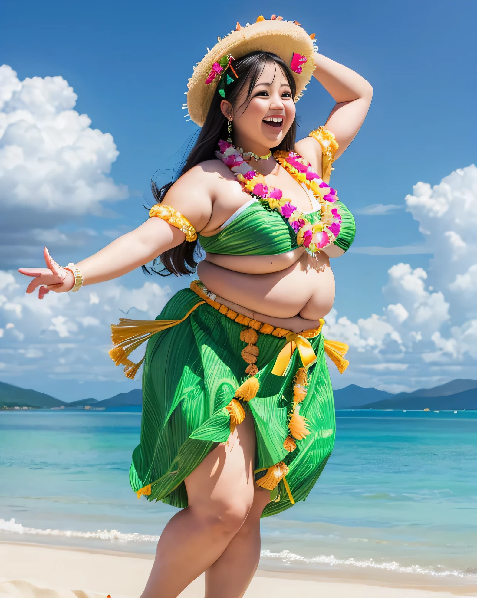 ((8K)), highest quality, 超High resolution, (surreal)、(High resolution), 1 girl, ((Traditional Hula Costumes)), Overweight, extremely fat, ((Chubby)), ((Chuckle-Smile)), Dancing the hula happily、at beach