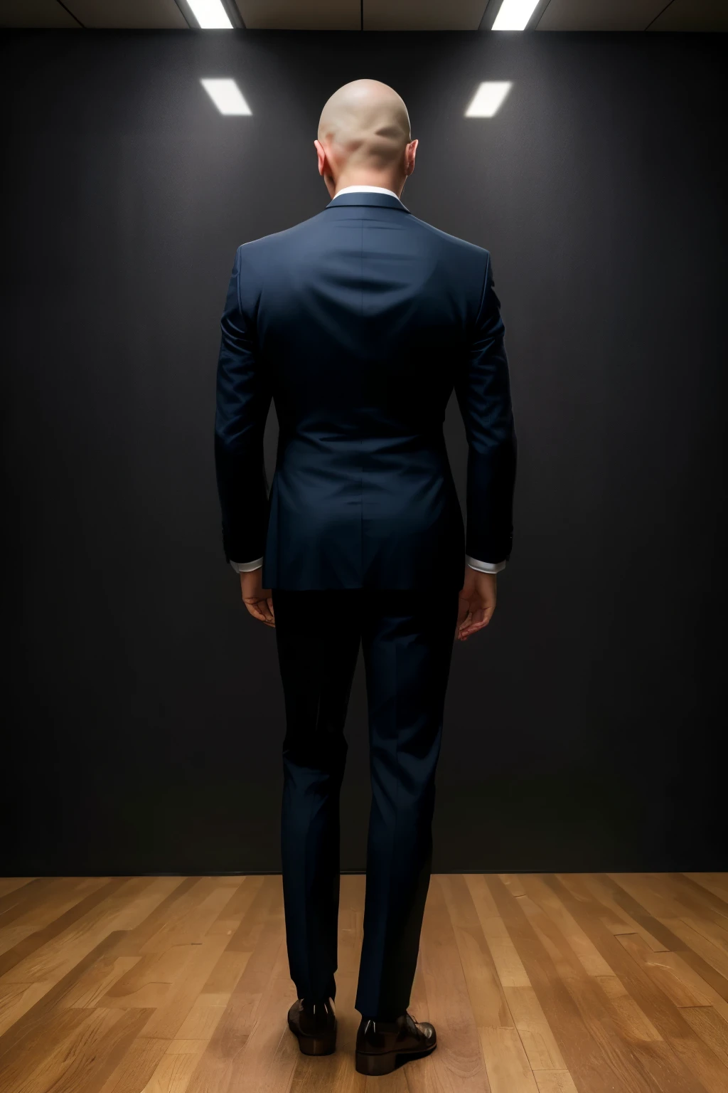 masterpiece, best quality, ultra-detailed, extremely detailed, 4K, 8K, best quality, beautiful, full body, back view,((back view)),in the middle, full body focus, a handsome man, Japanese, 47 years old,man, solo, british style suit, shaved head,skinhead, beautiful eyes, glasses, necktie, tie, Movie Matrix Style Background