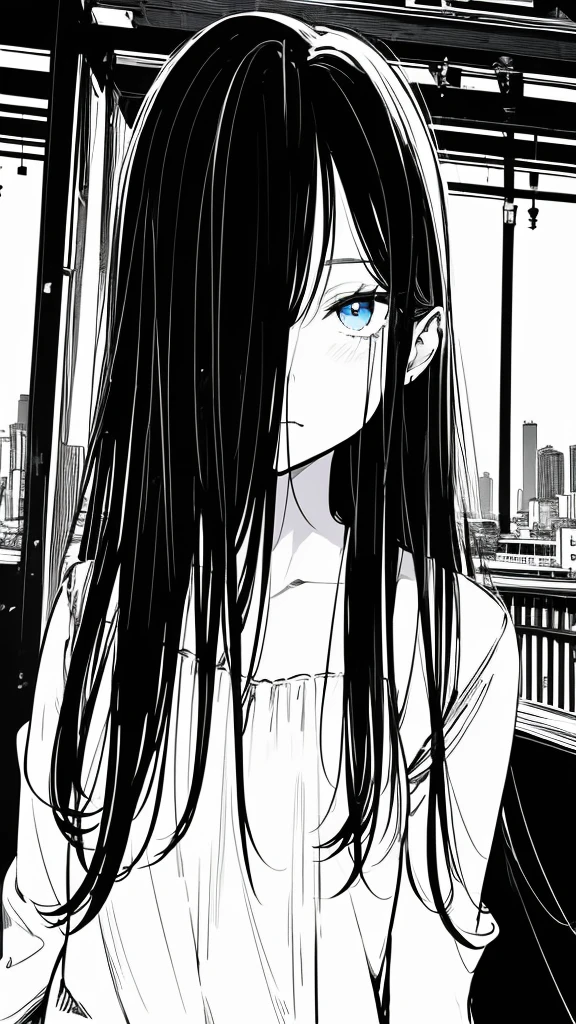 1girl,monochrome color, Blue Art, grayscales、masterpiece、top-quality、Top image quality、straight haired、Hanging eyes、kawaii、A darK-haired、blue eyes、the wind、Buildings,Tokyo