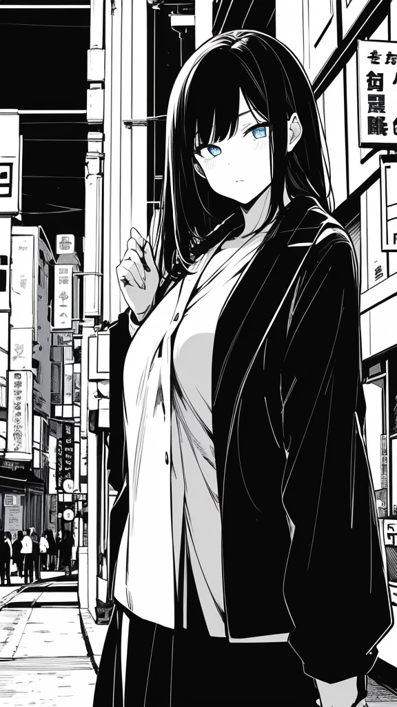 1girl,monochrome color, Blue Art, grayscales、​masterpiece、top-quality、Top image quality、straight haired、Hanging eyes、kawaii、A darK-haired、blue eyes、the wind、Buildings,Tokyo